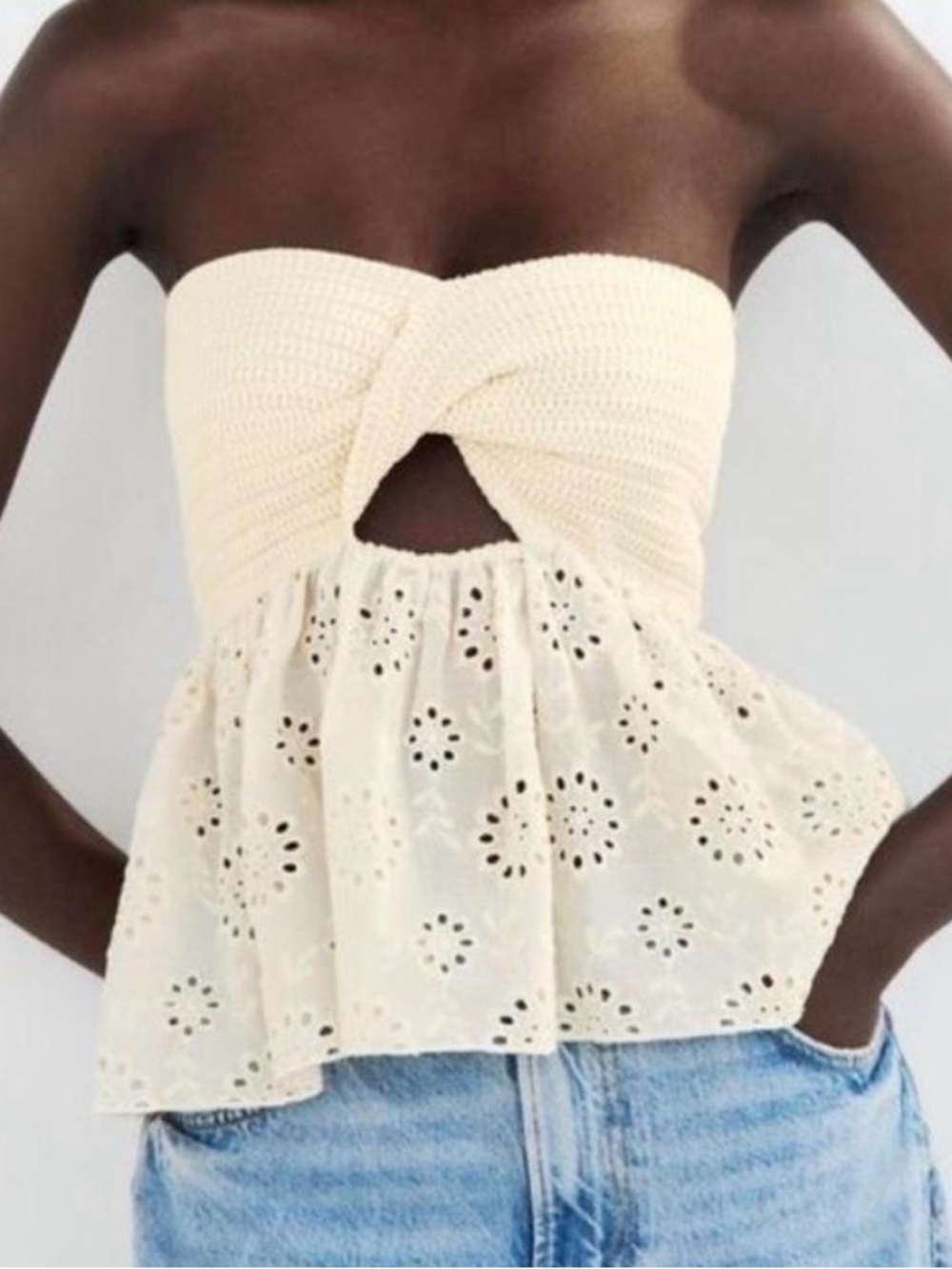 Zara Strapless Cream Eyelet Twist-Front Tube Top Size Small